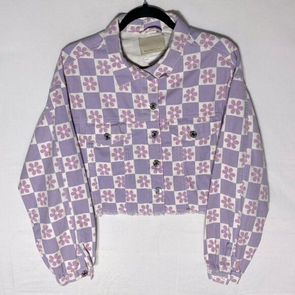 Bluenotes Purple Pink Flower Checkered Print Cropped Denim Jean Jacket M - Picture 1 of 14